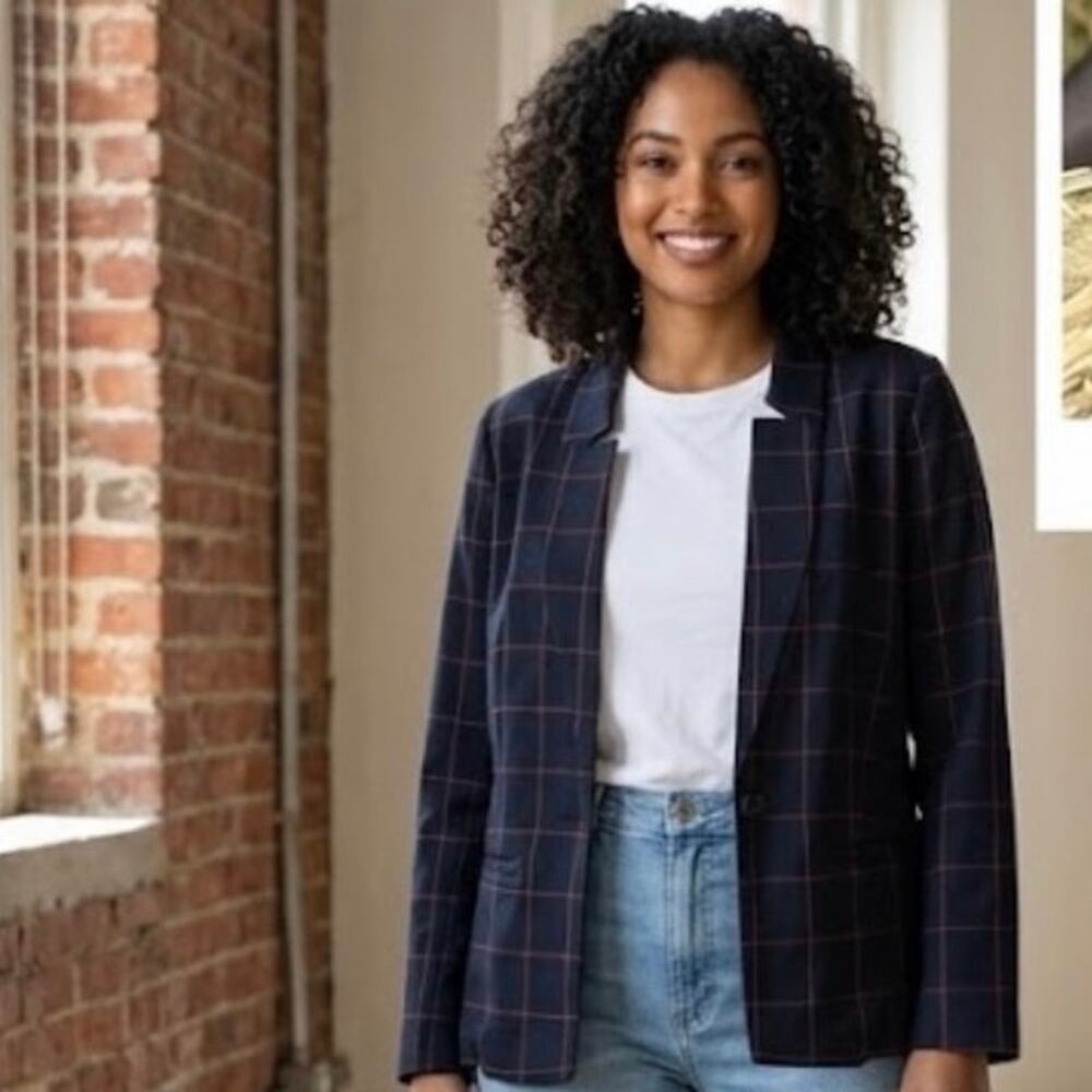 ELOQUII Navy Blue & Red Plaid Blazer Jacket Size 14 One Button Windowpane Check